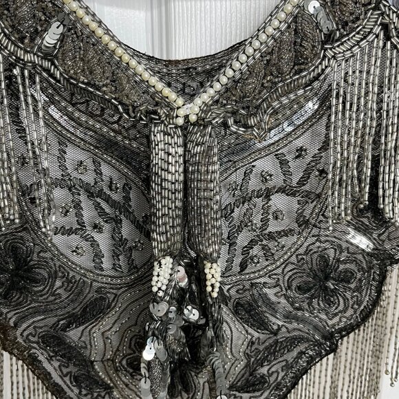 Vintage BEADED FRINGED SHAWL, Capelet with Scoop Neck, V Back, Costume Wedding - Picture 5 of 6